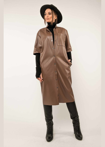 Світло-коричнева повсякденний жіноча сукня-тренч вільного силуету міді довжини з еко-шкіри (пл 2120) RiMari