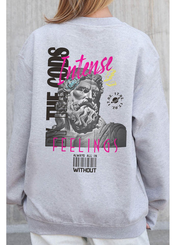 Серый женский утепленный оверсайз свитшот на флисе с принтом feelings Without однотонный без декора (366740679)