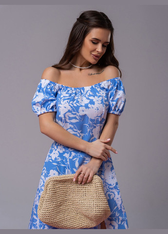 Блакитна повсякденний сукні з відкритими плечима ISSA PLUS з квітковим принтом