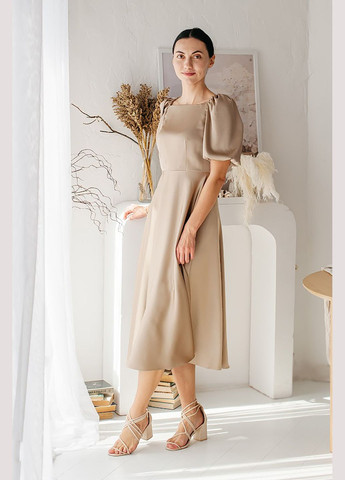 Коричнева жіноча сукня “caramel flow” з обʼємними рукавами Lana Bryk однотонна