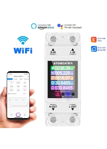 Розумний лічильник електроенергії з wifi, екраном та 4-ма видами захисту на DIN рейку до 100 ампер AT2PW Atorch (392374911)