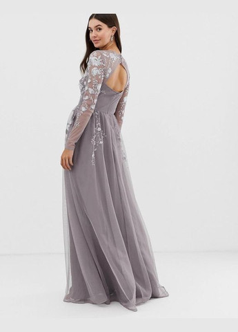 Серое пышное макси платье с цветочной вышивкой Asos