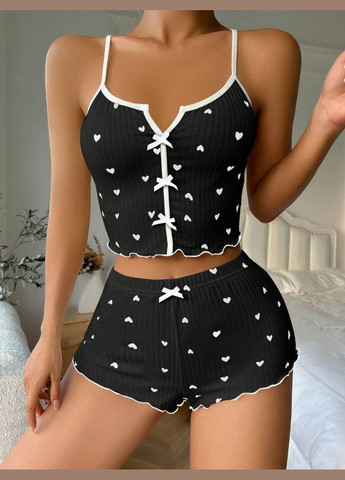 Чорна всесезон піжама жіноча в рубчик лялечка в серця набір шортики майка з бантиками колір чорний майка + шорти No Brand Піжама в еластичний рубчик Лялечка
