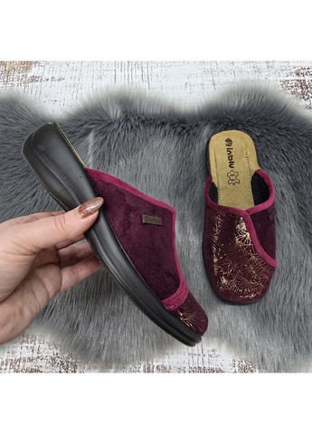 Сливовые тапочки женские для дома сливовые велюровые с кожаной стелькой на танкетке Inblu