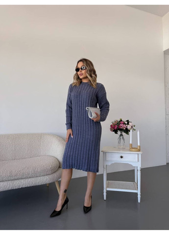 Синее женское теплое вязаное шерстяное платье интер вязкая резинка до колена синяя You Best