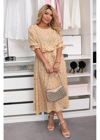 Бежевое повседневный, кэжуал женское платье больших размеров а-силуэт Style Point с цветочным принтом