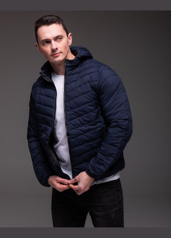 Темно-синяя демисезонная утепленная стеганная куртка съемный капюшон Vakko
