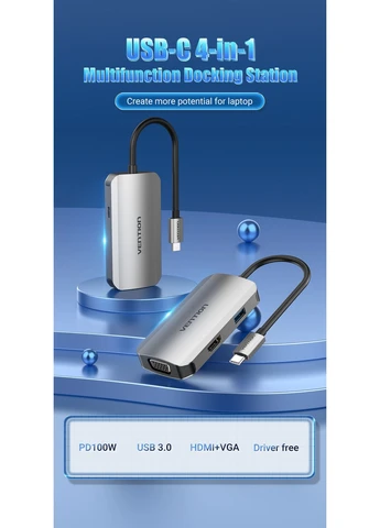 Док-станція USB3.1 Type-C --> HDMI/VGA/USB 3.0/PD 100W Hub 4-in-1 Vention (315502659)