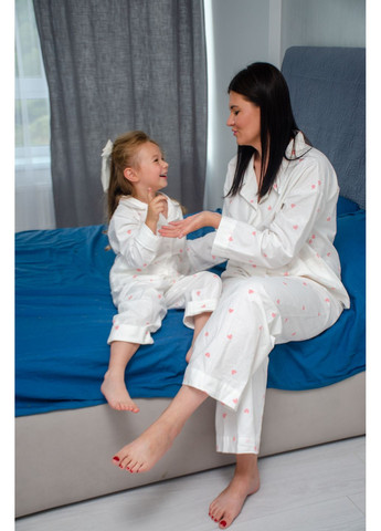 Біла зимня жіноча піжама з фланелі,біла у рожеві серденька сорочка + брюки PAPLYK