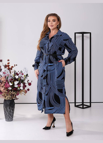 Синее платье-рубашка демисезонное женское элегантность и комфорт sf-1899 синий, 50 Sofia с абстрактным узором