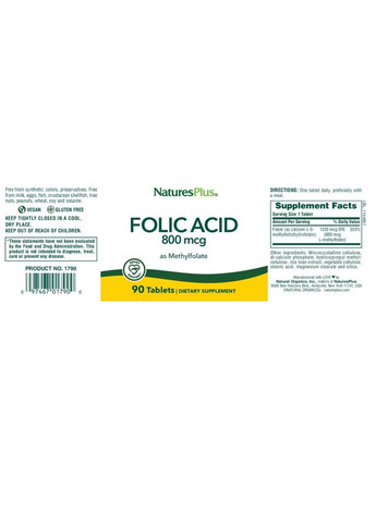 Фолиевая кислота, 800 мкг, 90 таблеток Natures Plus (326054297)