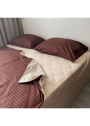 Постільна білизна з резинкою Шоколад + беж страйп сатин PREMIUM Полуторний розмір, наволочки 50/70 No Brand (364213522)