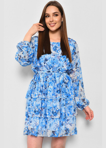 Блакитна кежуал сукня жіноча шифонова блакитного кольору з квітковим принтом балон Let's Shop з квітковим принтом