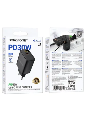 Мережевий зарядний пристрій single-port PD30W charger with digital display (EU) Black (6941991120480) Borofone BA97A Ilustre (387346019)