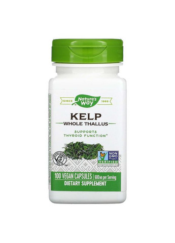 Келп 600 мг натуральне джерело йоду Kelp бурі водорості 100 веганських капсул Nature's Way (282746258)
