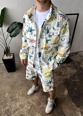 Білий демісезонний яскравий чоловічий білий літній костюм-двійка з модним принтом No Brand