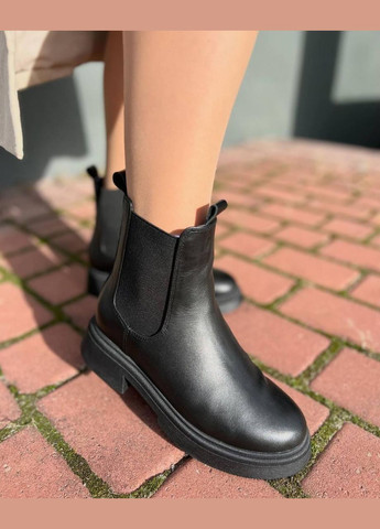 Зимние женские ботинки челси из натуральной кожи черные (1488) No Brand