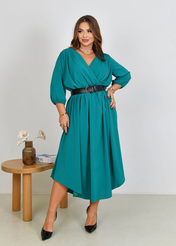 Смарагдова святковий, коктейльна, вечірня сукня міді з довгими рукавами та підкладкою дзвін, з відкритою спиною, а-силует No Brand однотонна