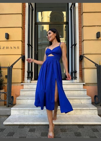 Синее легкое платье на бретельках синего цвета 32595 а-силуэт No Brand однотонное