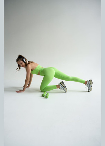 Спортивный женский костюм для йоги и фитнеса (топ с открытой спинкой + леггинсы пуш-ап) Бесшовный Однотонный Салатовый GK Двійка: топ + легінси (316472126)