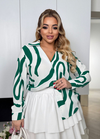 Зеленая классическая, повседневный, кэжуал, вечерний рубашка с абстрактным узором No Brand с длинным рукавом