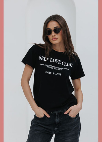 Чорна жіноча футболка з принтом self love club чорна Arjen