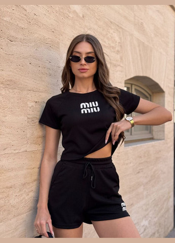 Жіночий літній костюм футболка та шорти трикотаж рубчик чорний You Best (332621170)