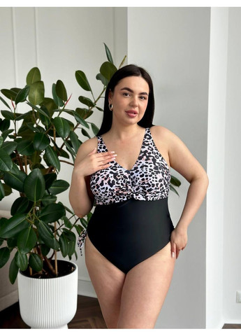 Черный летний женский купальник плюс сайз леопардовый верх низ / женский купальник больших размеров леопард пудровый черный No Brand