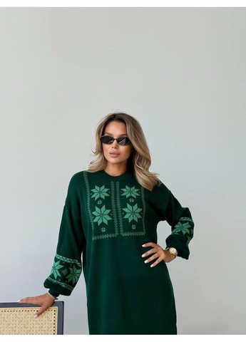 Зеленое вязаное платье с этничным рисунком зеленого цвета 34356 платье-свитер Fashion с рисунком