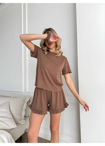 Кавова жіноча літня коричнева піжама, домашній костюм футболка і короткі шортики в рубчик шоколад... Україна