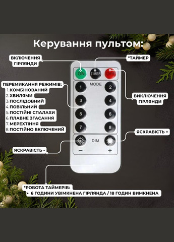 Роса пучок 3 метри 20 ниток кінський хвіст з пультом керування 600 Led гірлянда для ялинки на 8 режимів холодний білий Niki Light (304290100)