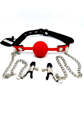 Кляп с зажимами на соски Locking gag with nipple clamps black/red DS Fetish (292011423)
