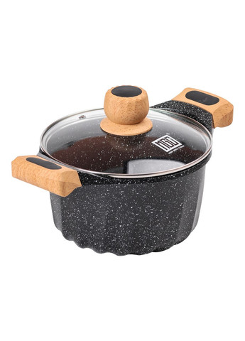 Алюмінієва каструля 3 літри з кришкою 20 см антипригарний для приготування мармуровий посуд чорний ProDobro (364190050)