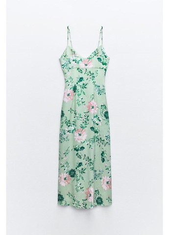 Зелена сукня міді на основі льону в квітковий принт Zara