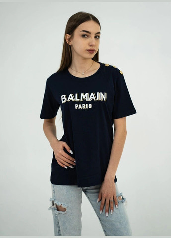 Темно-синяя летняя футболка женская летняя с рисунком с коротким рукавом Balmain