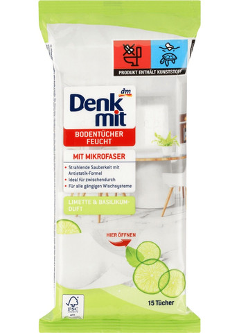 Влажные салфетки для уборки полов Limette&Basilikum-Duft 15шт Denkmit (294063868)