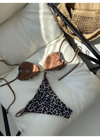 Коричневый летний женский летний раздельный откровенный леопардовый купальник на сексуальных завязках. No Brand