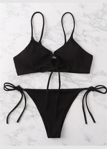 Черный летний раздельный женский купальник в рубчик с завязками на лифе и плавках ribana черный No Brand