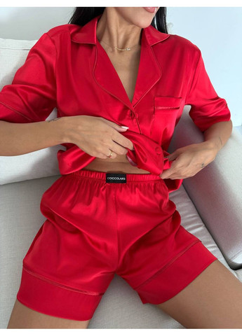 Красная всесезон женская сатиновая пижама-комплект с шортами coccolarsi рубашка + шорты Vakko