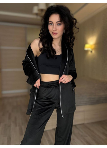 Чорна всесезон піжама 0593 домашній костюм велюр мех з кантом,сорочка на поясі та штани Україна