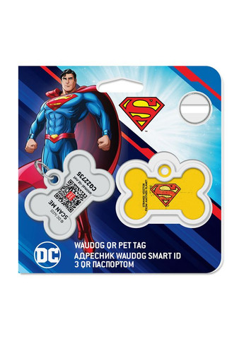 Адресник для собак і котів металевий Smart ID з QR паспортом, малюнок "Супермен вінтаж", кістка, Д 40 мм, Ш 28 мм WAUDOG (363199988)