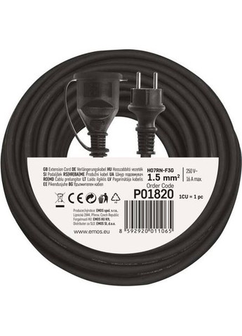 Удлинитель 1 розетка 20м 16А 3х1, 5мм2 Black (P01820) Emos (323102657)