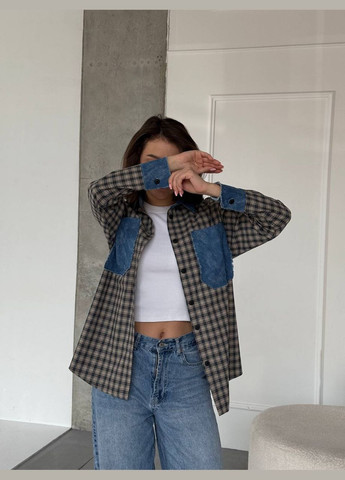 Светло-коричневая повседневный, кэжуал, джинсовая рубашка в клетку No Brand