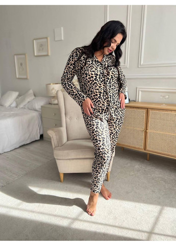 Комбінована жіноча піжама plus size леопардова, сорочка + штани / домашній комплект великих розмірів леопардовий принт / піжама жіноча No Brand