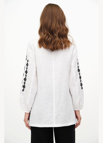 Біла жіноча лляна вишиванка з мереживом та геометричним орнаментом гойра., р., код 9354/50/147 ГАЛЕРЕЯ ЛЬОНУ