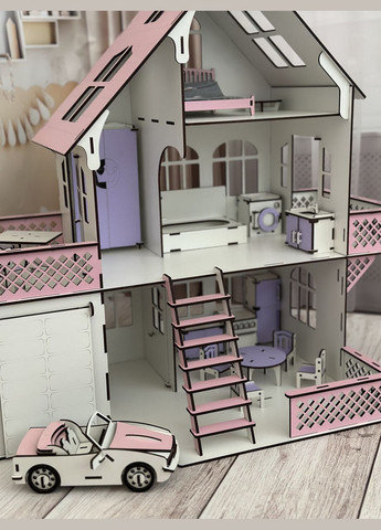 Деревянный самосборный домик для лола с гаражом и машинкой + 17 предметов мебели, экоигровой набор для кукол No Brand (305076709)