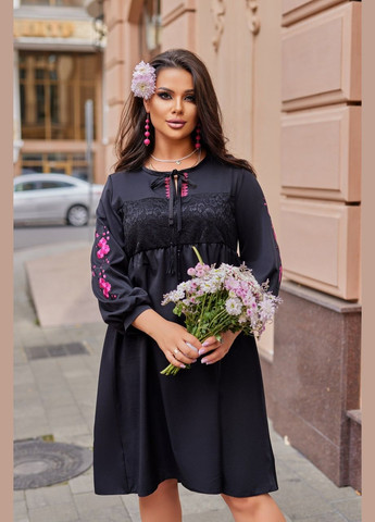 Чорна святковий, повсякденний сукня з вишитими рукавами а-силует Україна з квітковим принтом