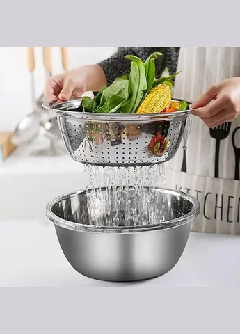 Багатофункціональний кухонний набір із неіржавкої сталі 3 в 1 Metal Basket Миска друшляк і тертка No Brand (334848802)