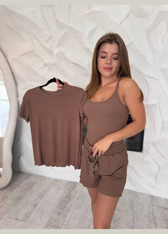 Коричнева піжама жіноча 3в1 коричневий (п4к-al-rub-25-0013-04) No Brand