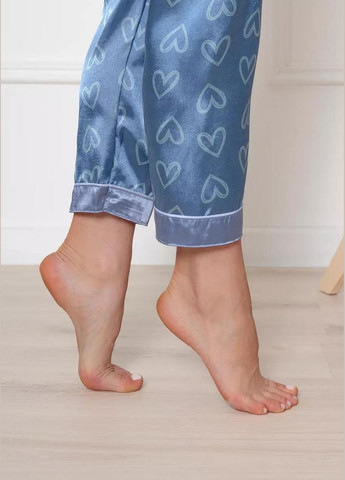 Светло-голубая всесезон женская атласная пижама с сердечками пижамный комплект двойка рубашка и брюки набор для дома с принтом сердечка рубашка + брюки Cindylove